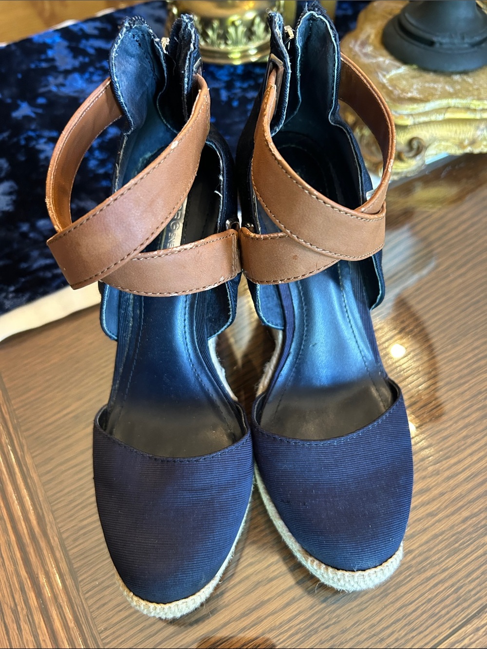 BCBGeneration Navy Espadrille Wedge Sandals with Brown Ankle Straps